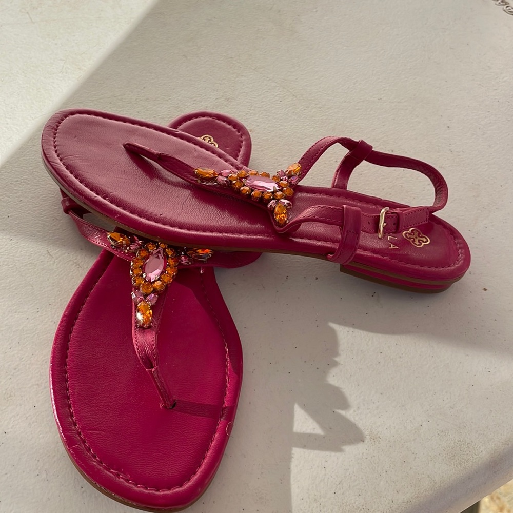 Fuchsia pink with orange accent flat sandals